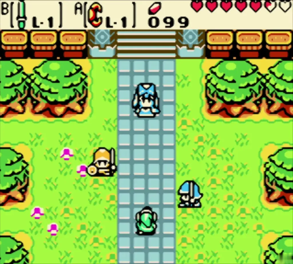 Link standing in the palace garden before Queen Ambi with a guard beside him Link standing in the palace garden before Queen Ambi with a guard beside him