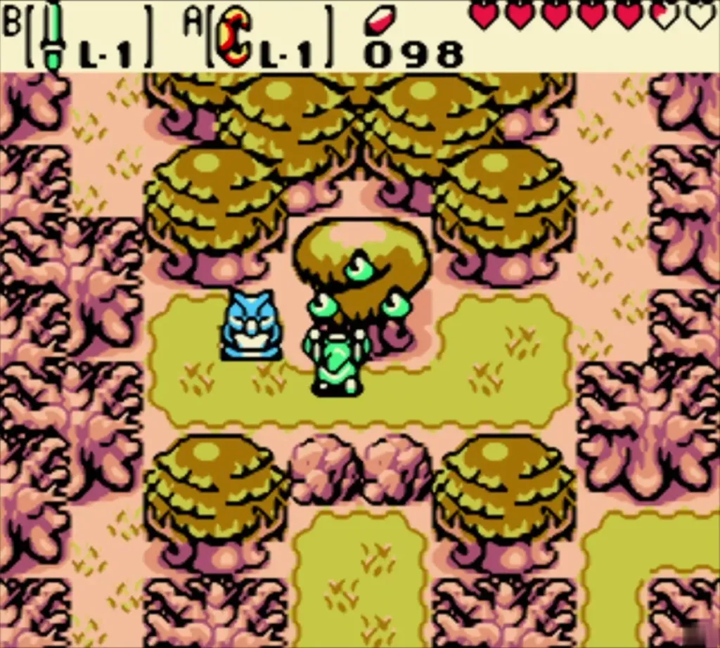 Link standing under the Mystery Seed tree as it shakes Link standing under the Mystery Seed tree as it shakes