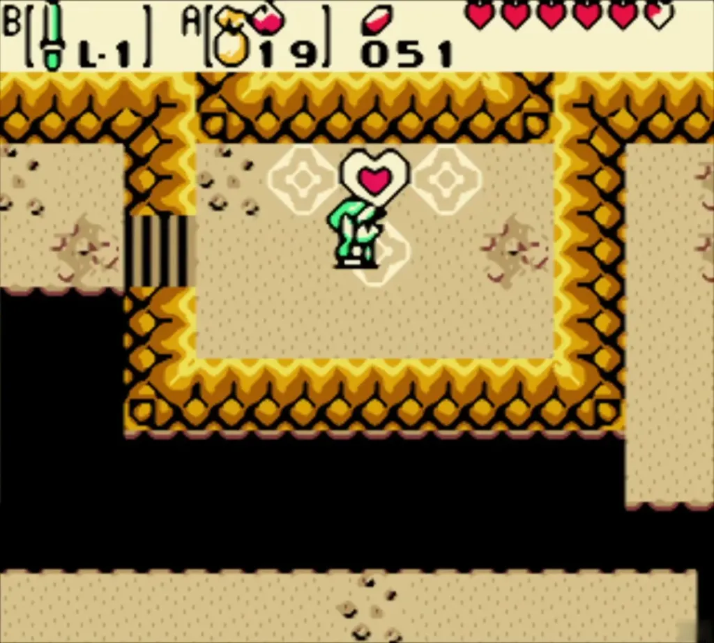 Link raising the floating heart over his head in the alcove Link raising the floating heart over his head in the alcove