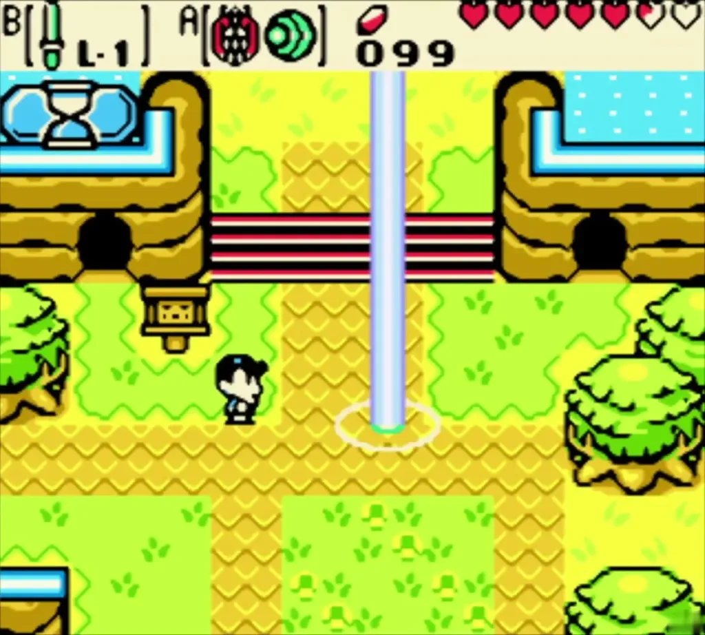 Link arriving in the present Lynna City grounds beside the time portal beam Link arriving in the present Lynna City grounds beside the time portal beam