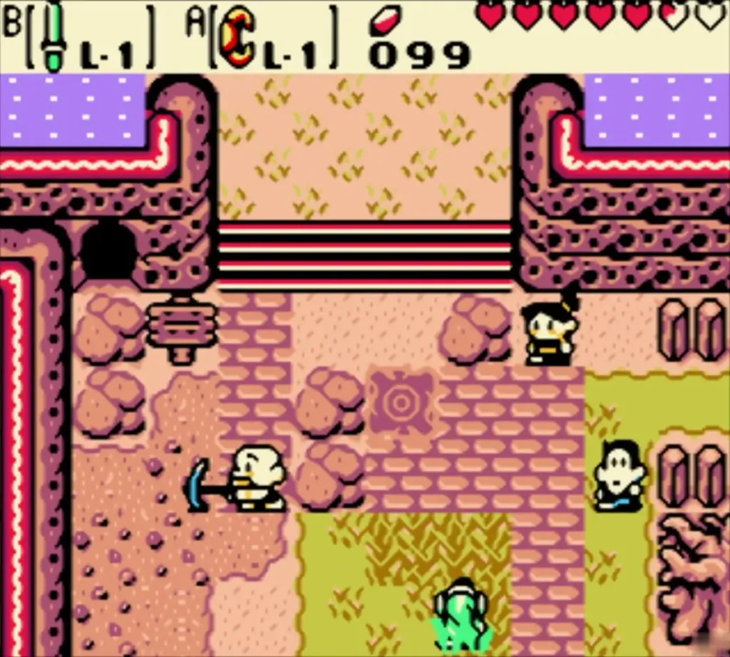 Link walking through Lynna Village with villagers around him Link walking through Lynna Village with villagers around him
