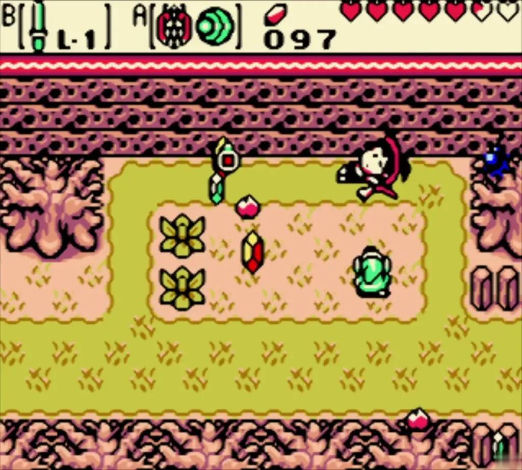 Maple flying in on her broom with dropped rupees and items on the ground Maple flying in on her broom with dropped rupees and items on the ground