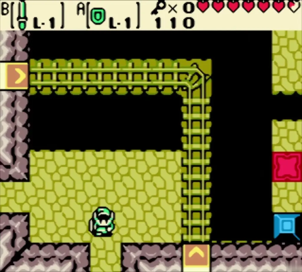 Link beside rails turning toward a yellow arrow tile Link beside rails turning toward a yellow arrow tile