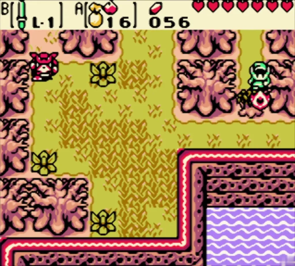 Link facing a red Octorok on a forest path Link facing a red Octorok on a forest path