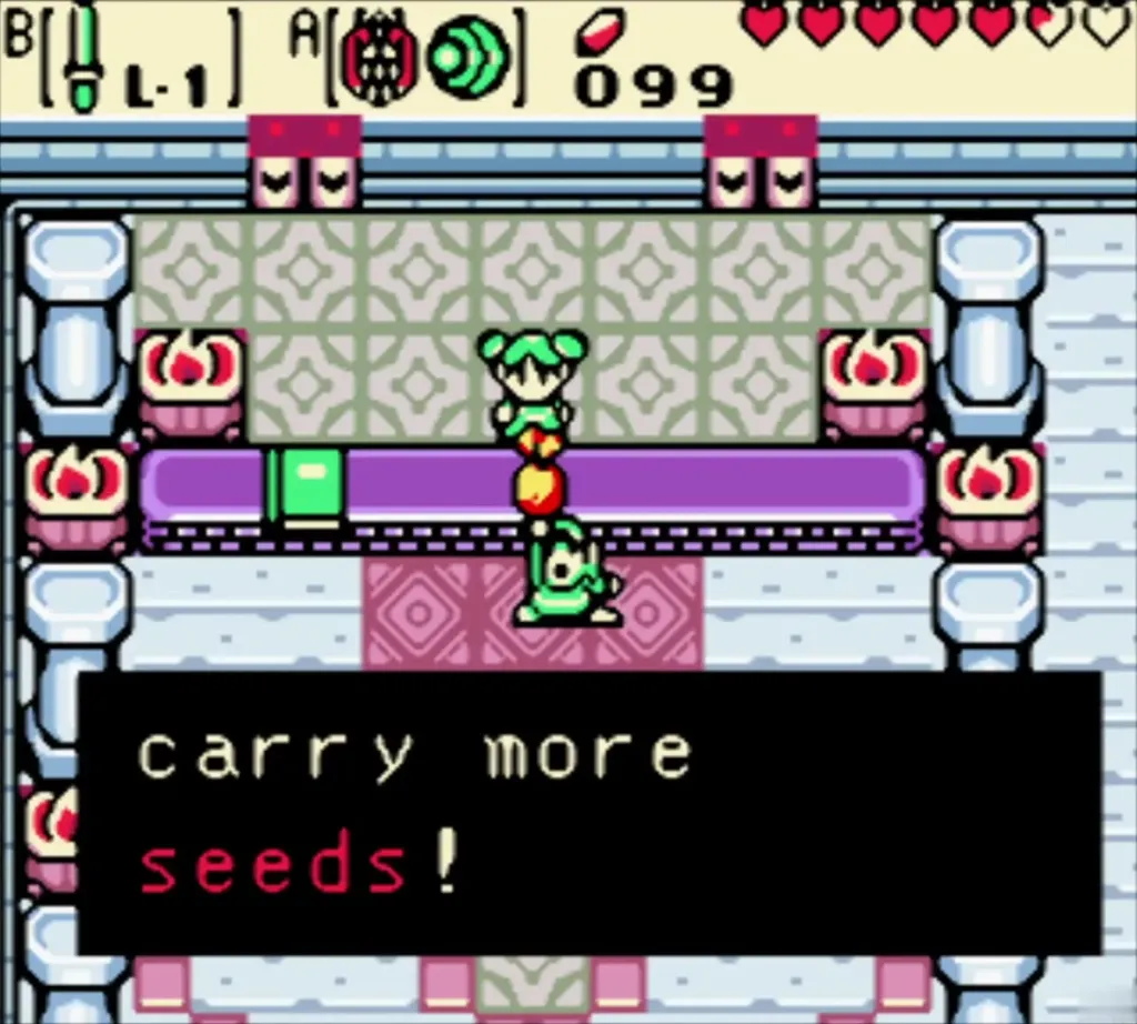 Farore and Link with the message that the satchel can now carry more seeds Farore and Link with the message that the satchel can now carry more seeds