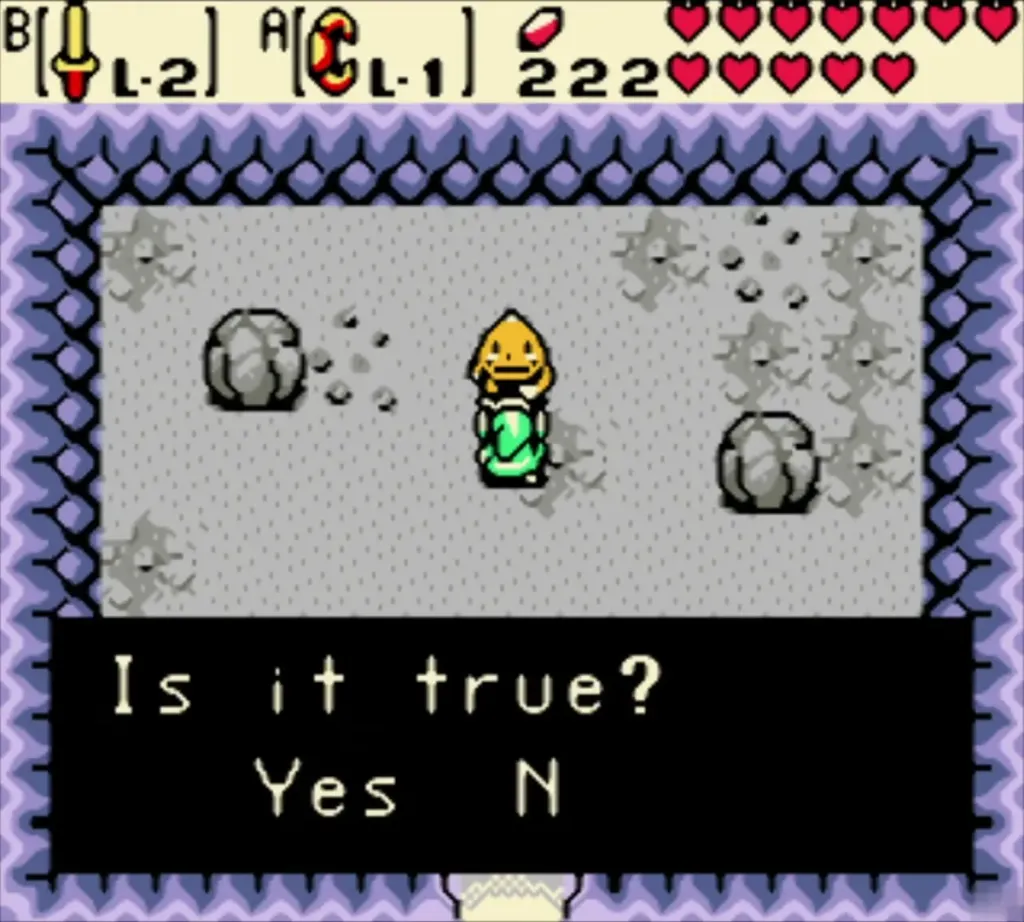 Goron in the grey present cave asking Link whether it is true, Link facing him Goron in the grey present cave asking Link whether it is true, Link facing him