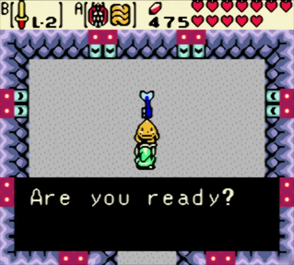 Bomb-dodge arena with an item raised above Link as the host asks if he is ready Bomb-dodge arena with an item raised above Link as the host asks if he is ready