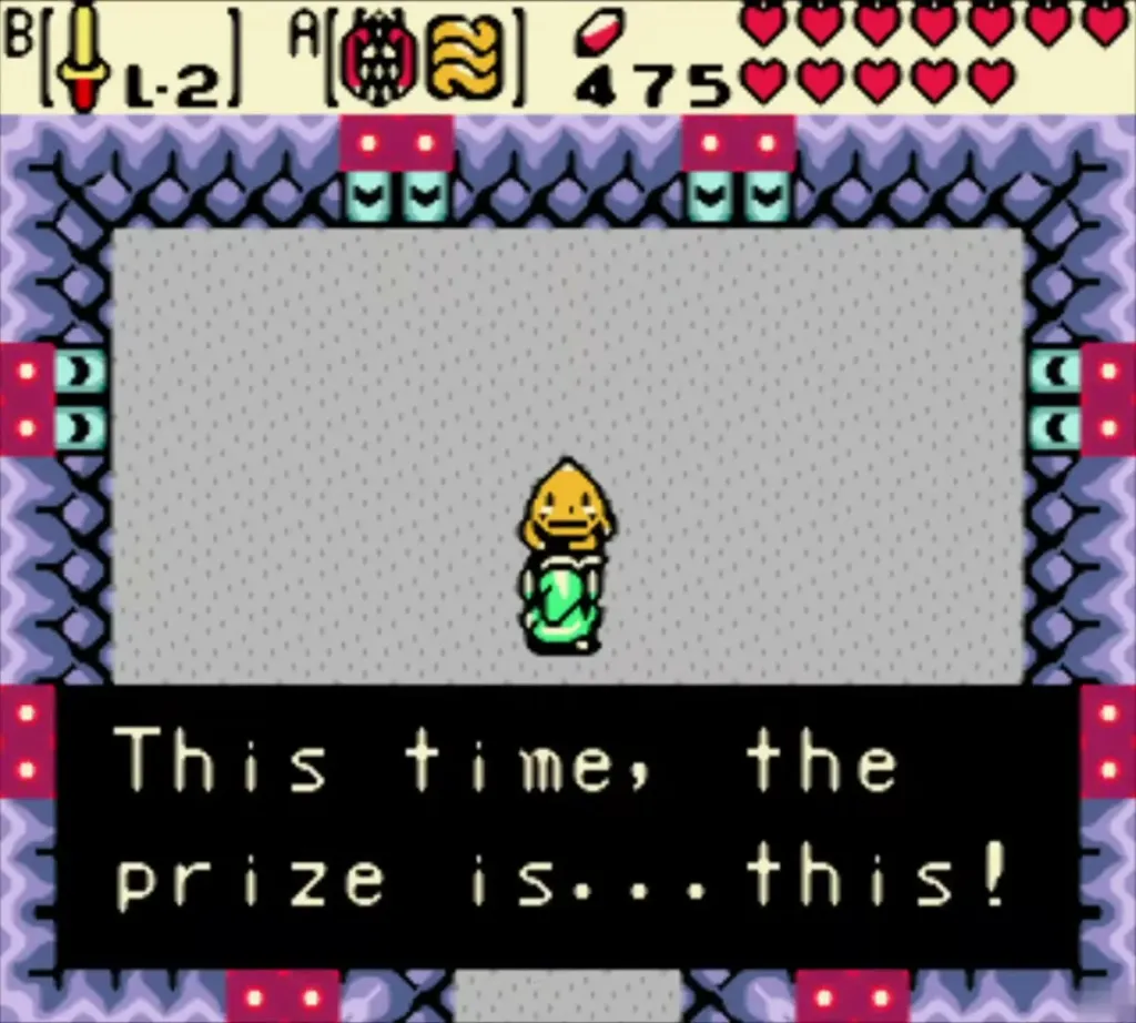 Bomb-dodge arena in the grey Goron building, the host saying this time the prize is revealed Bomb-dodge arena in the grey Goron building, the host saying this time the prize is revealed