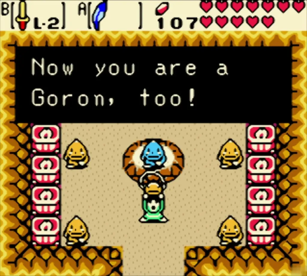 Link holding up the Brother Emblem in the Goron Dance hall, the box reading Now you are a Goron, too Link holding up the Brother Emblem in the Goron Dance hall, the box reading Now you are a Goron, too