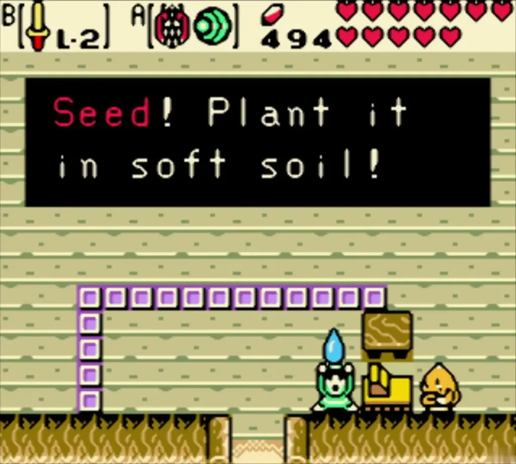 Link holding up the Gasha Seed after the shooting gallery, the box reading to plant it in soft soil Link holding up the Gasha Seed after the shooting gallery, the box reading to plant it in soft soil