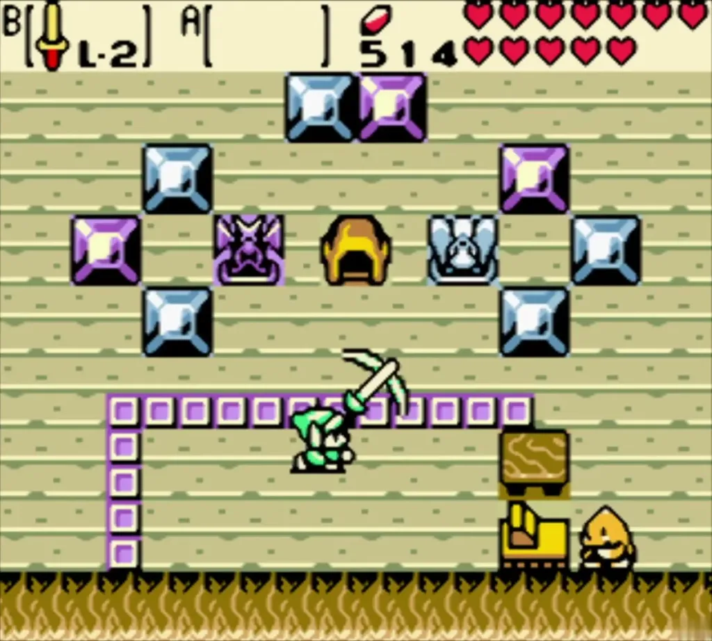Link batting a ball with his sword at the targets in the Goron shooting gallery Link batting a ball with his sword at the targets in the Goron shooting gallery