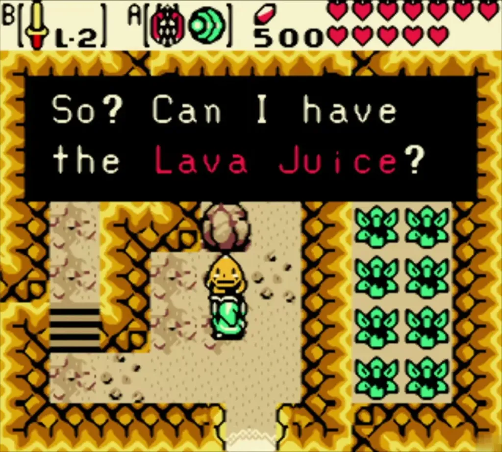Goron in the sandy cave asking Link whether he can have the Lava Juice Goron in the sandy cave asking Link whether he can have the Lava Juice