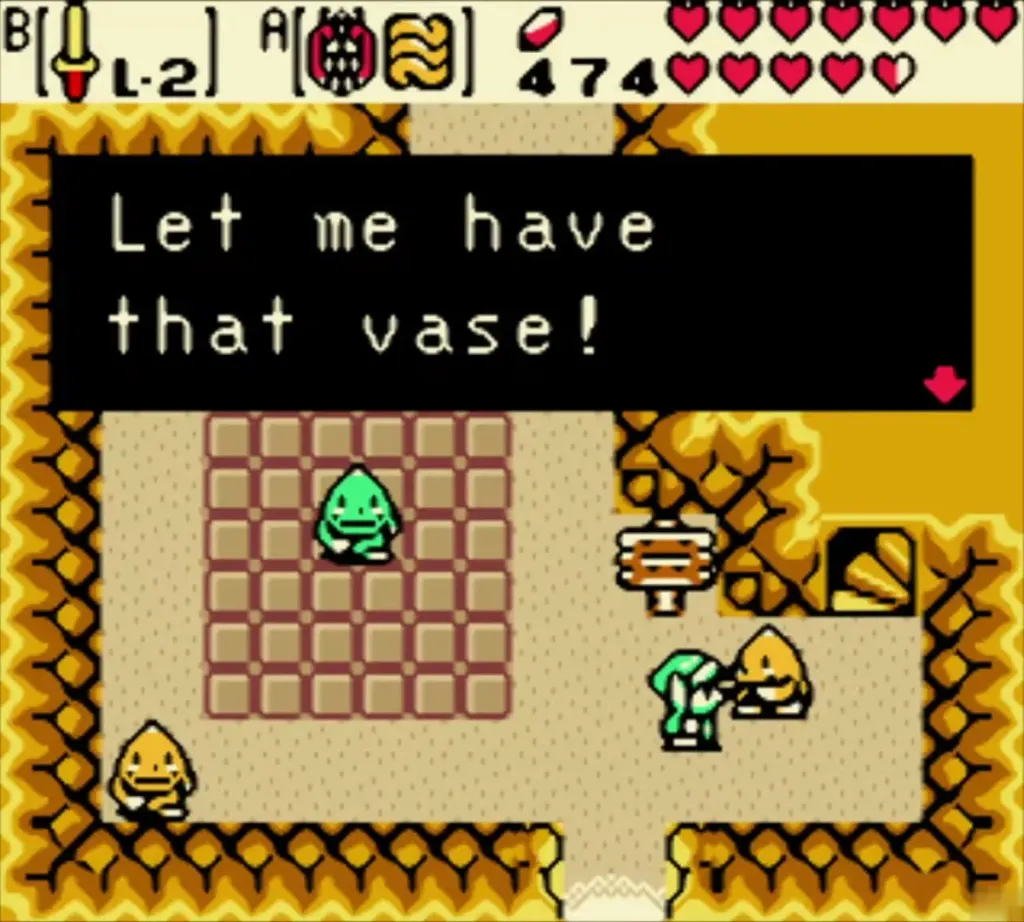Goron in the cave on the Rolling Ridge telling Link to hand over the vase Goron in the cave on the Rolling Ridge telling Link to hand over the vase