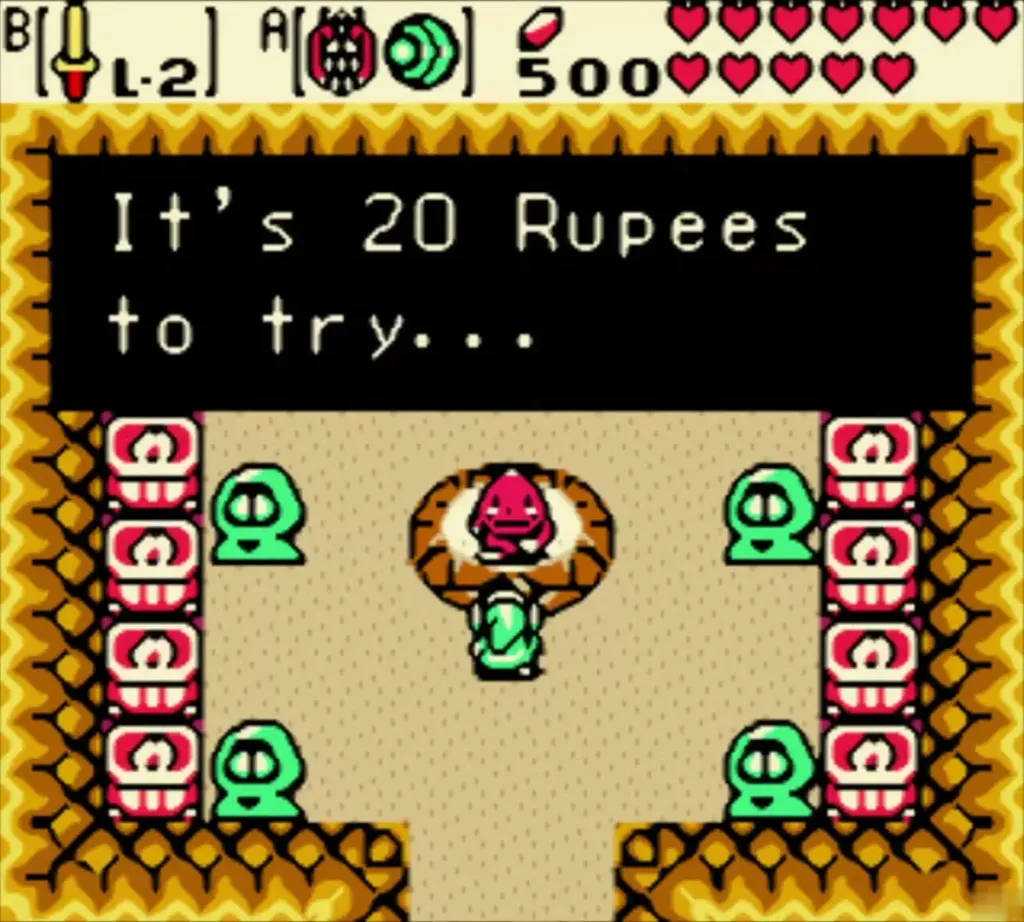 Goron Dance hall with Link at the bottom, the Goron host saying it costs 20 Rupees to try Goron Dance hall with Link at the bottom, the Goron host saying it costs 20 Rupees to try