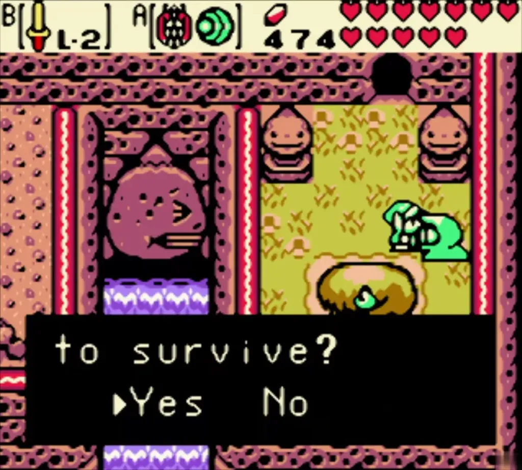 Figure in the pink ridge house with a red face statue, offering advice to Link before a secret Figure in the pink ridge house with a red face statue, offering advice to Link before a secret
