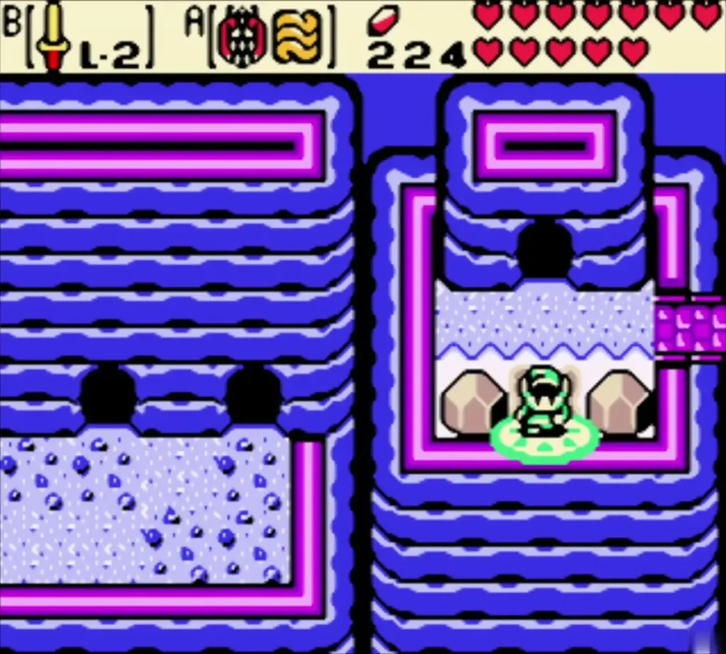 Link standing on a green time portal platform on the blue ridge in the present Link standing on a green time portal platform on the blue ridge in the present