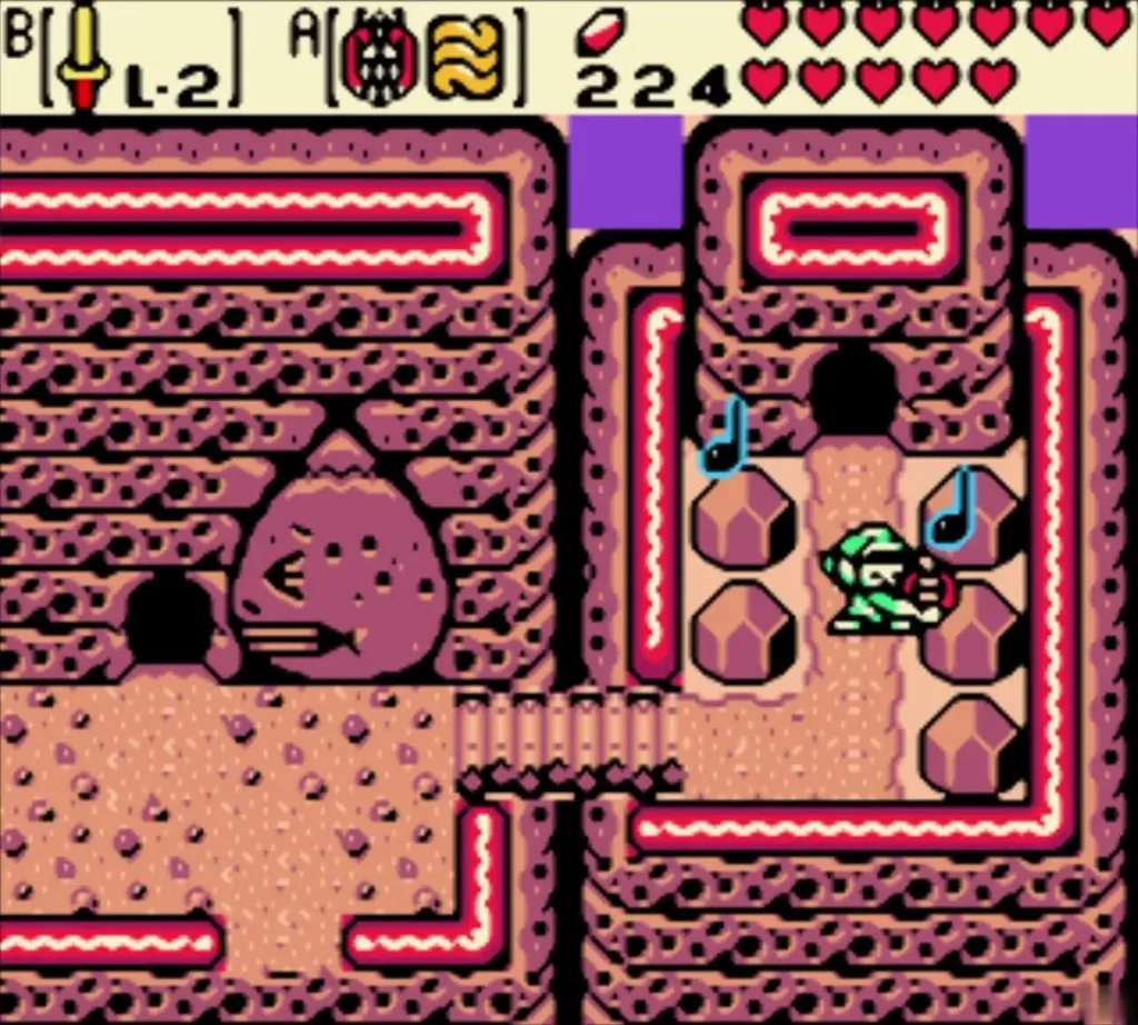 Link playing the Tune of Currents beside the pink ridge bushes with the Harp of Ages Link playing the Tune of Currents beside the pink ridge bushes with the Harp of Ages