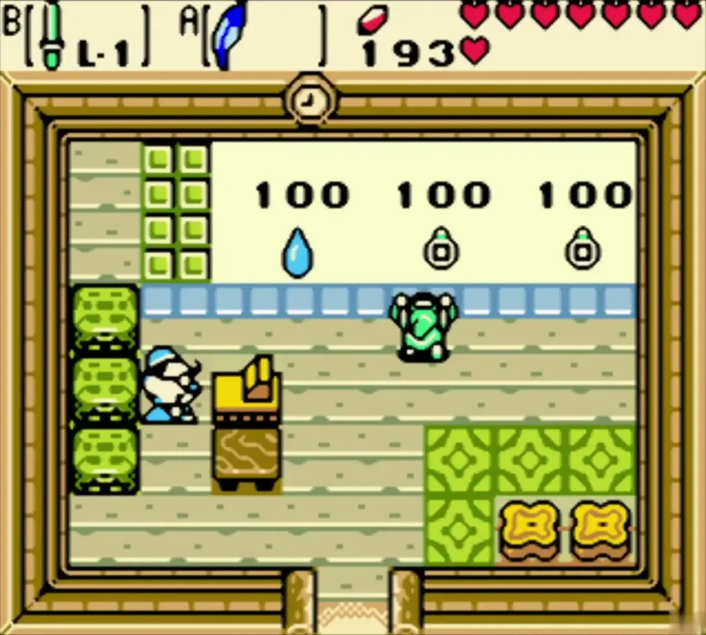 Link walking up to the counter in the Advance Shop where items cost 100 Rupees Link walking up to the counter in the Advance Shop where items cost 100 Rupees