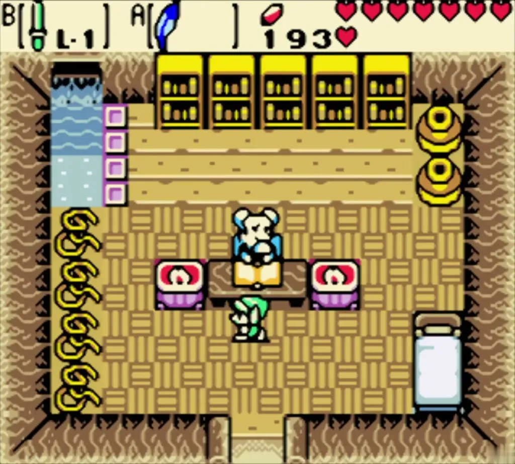 Link standing before Cheval at his desk inside the house Link standing before Cheval at his desk inside the house