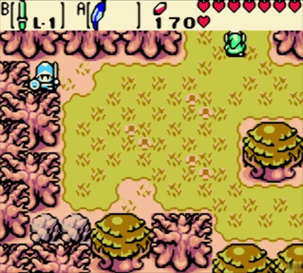 Link crossing a grassy forest clearing among trees and rocks Link crossing a grassy forest clearing among trees and rocks