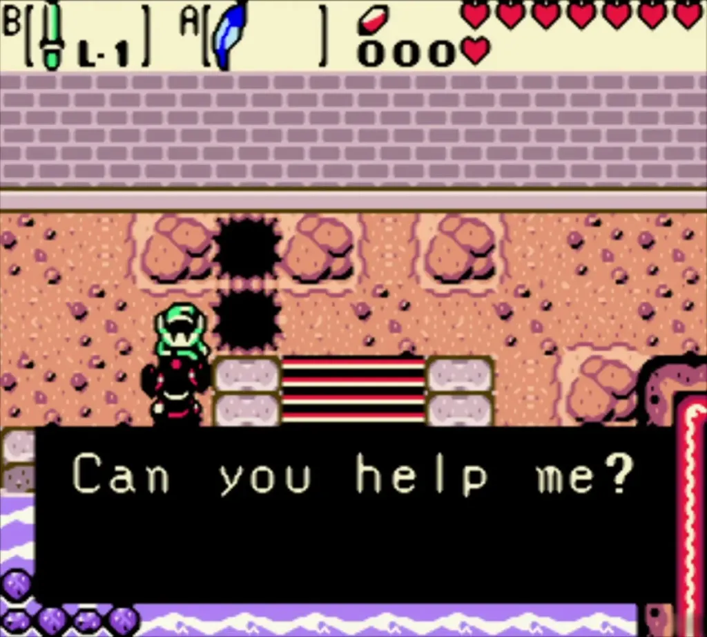The girl on the shore asking Link if he can help her by hearing her secret The girl on the shore asking Link if he can help her by hearing her secret