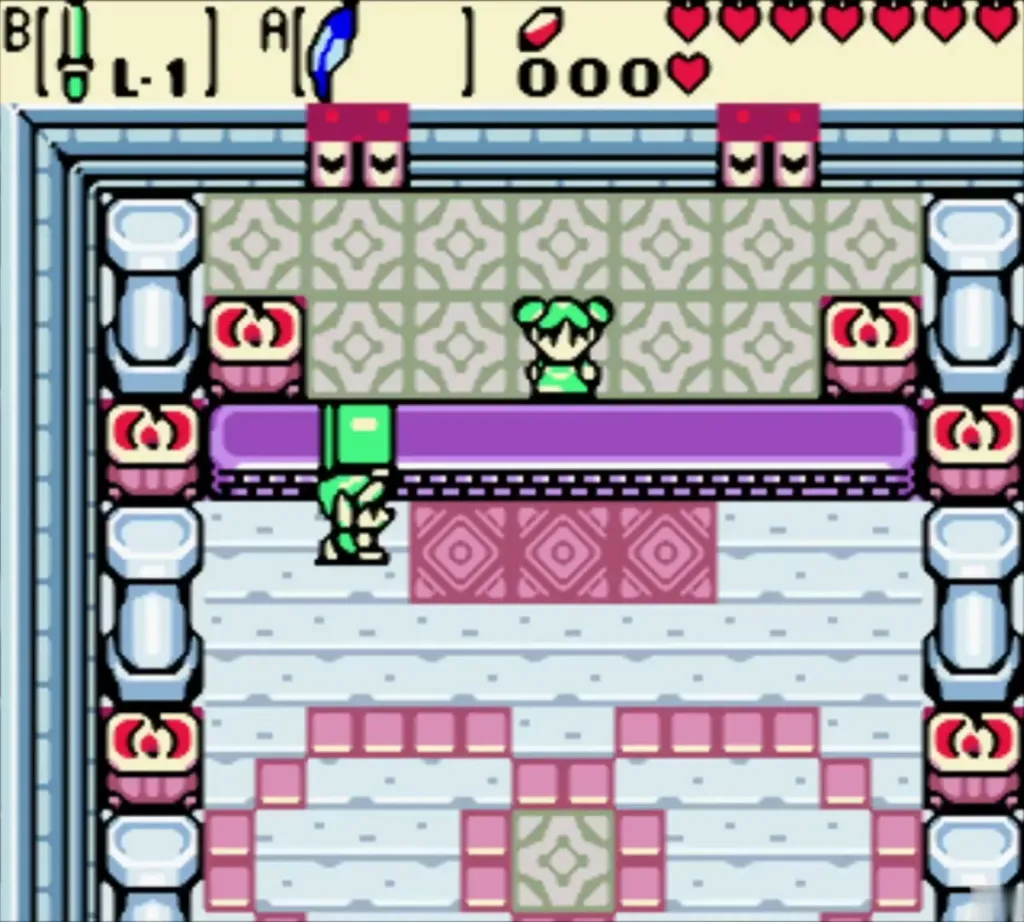 Link in the Hall of Secrets facing Farore behind her desk Link in the Hall of Secrets facing Farore behind her desk