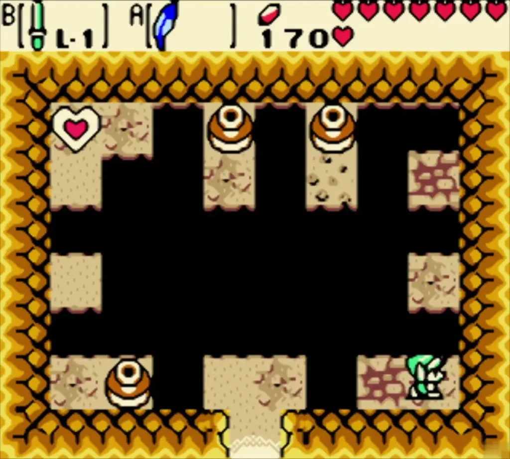 Pillar and pit cave with the Heart Piece floating on the far platform Pillar and pit cave with the Heart Piece floating on the far platform