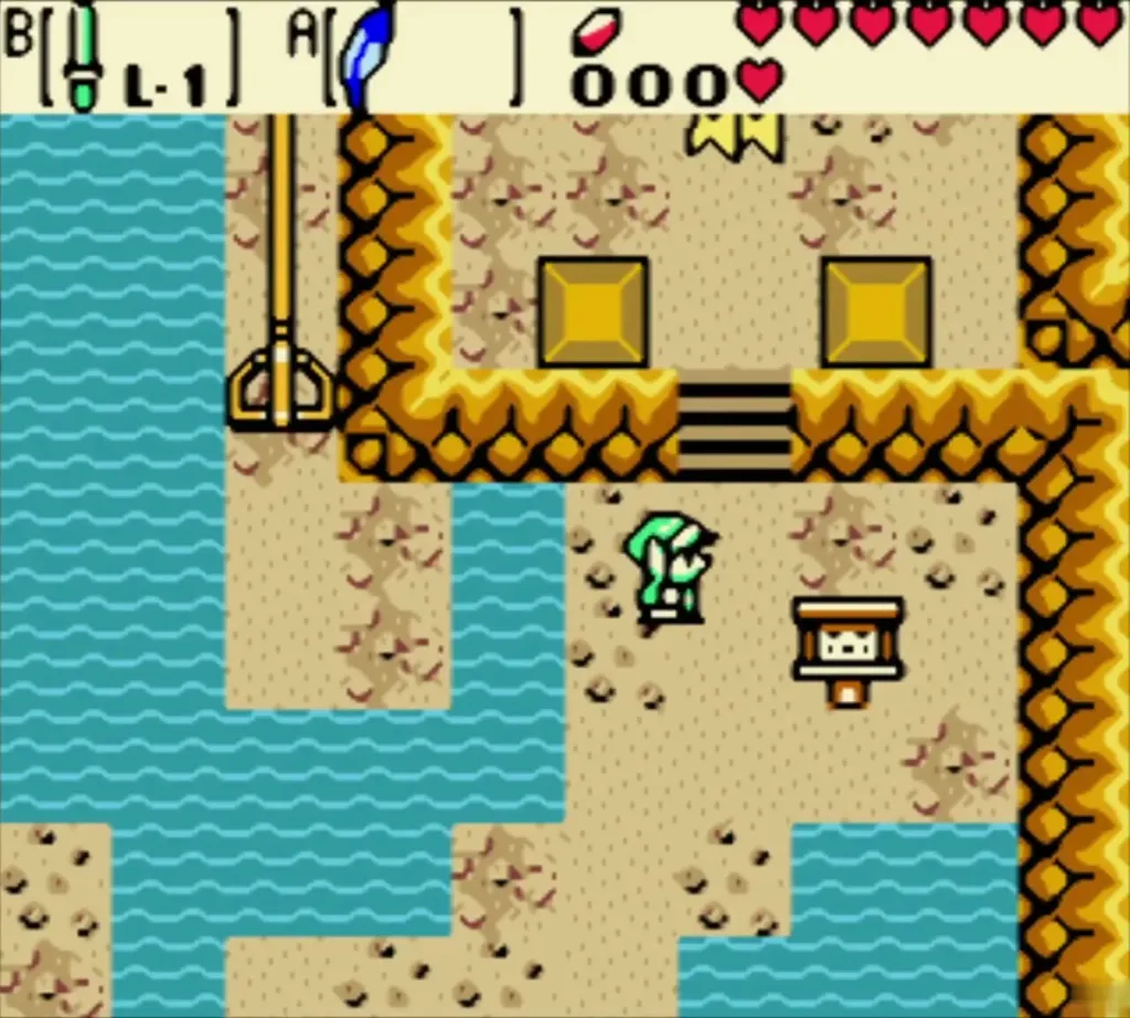 Link in the sandy cave near the sign, with the chests above Link in the sandy cave near the sign, with the chests above