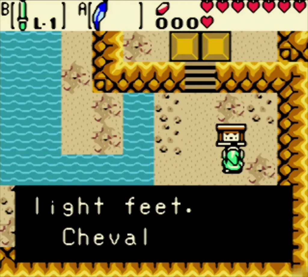 Link reading the sign about might and light feet Link reading the sign about might and light feet