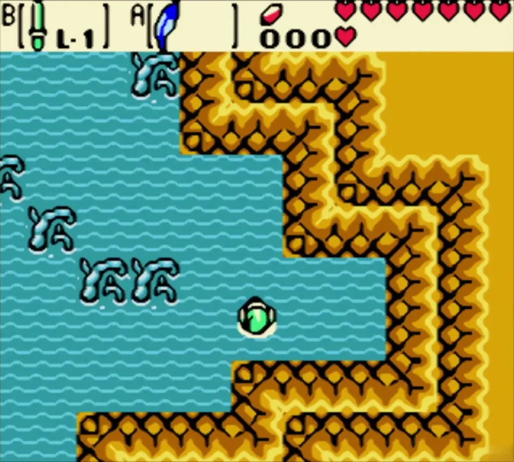 Link swimming along the north side of the cave past rocks Link swimming along the north side of the cave past rocks
