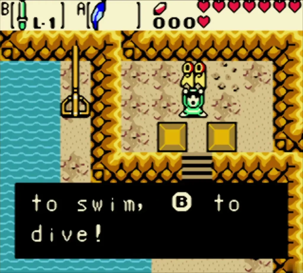 Link holding up Zora's Flippers with the press A to swim, B to dive message Link holding up Zora's Flippers with the press A to swim, B to dive message
