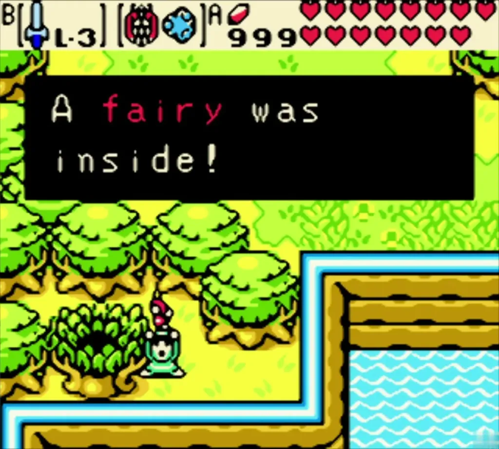 Link holding a fairy over his head with the box "A fairy was inside!" Link holding a fairy over his head with the box "A fairy was inside!"
