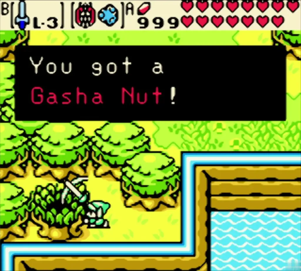 Link digging the shrub by the sea with the box "You got a Gasha Nut!" Link digging the shrub by the sea with the box "You got a Gasha Nut!"