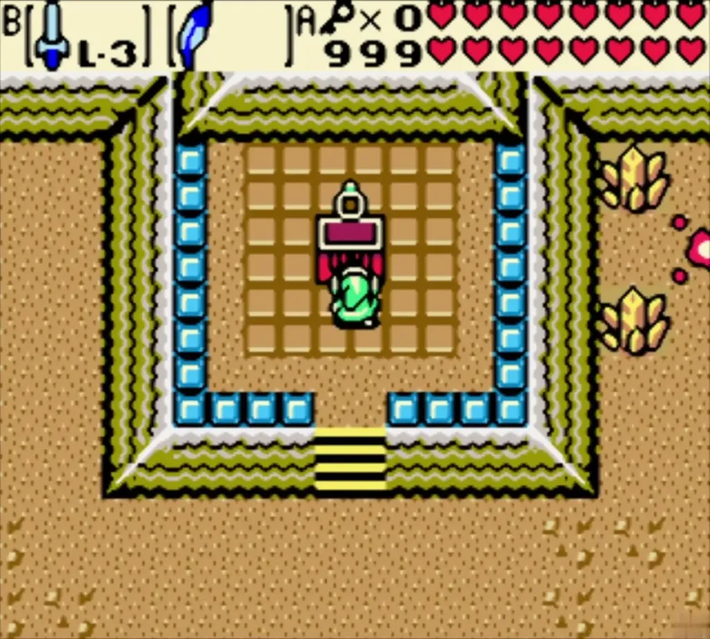 Link below the last chest in the enclosed sand room with blue-walled edges Link below the last chest in the enclosed sand room with blue-walled edges