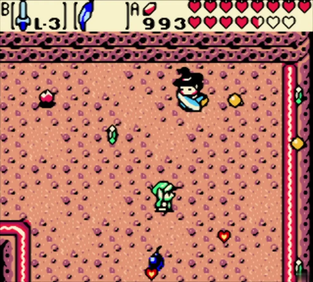Maple in her black hat flying over the pink sand zone with Link below Maple in her black hat flying over the pink sand zone with Link below