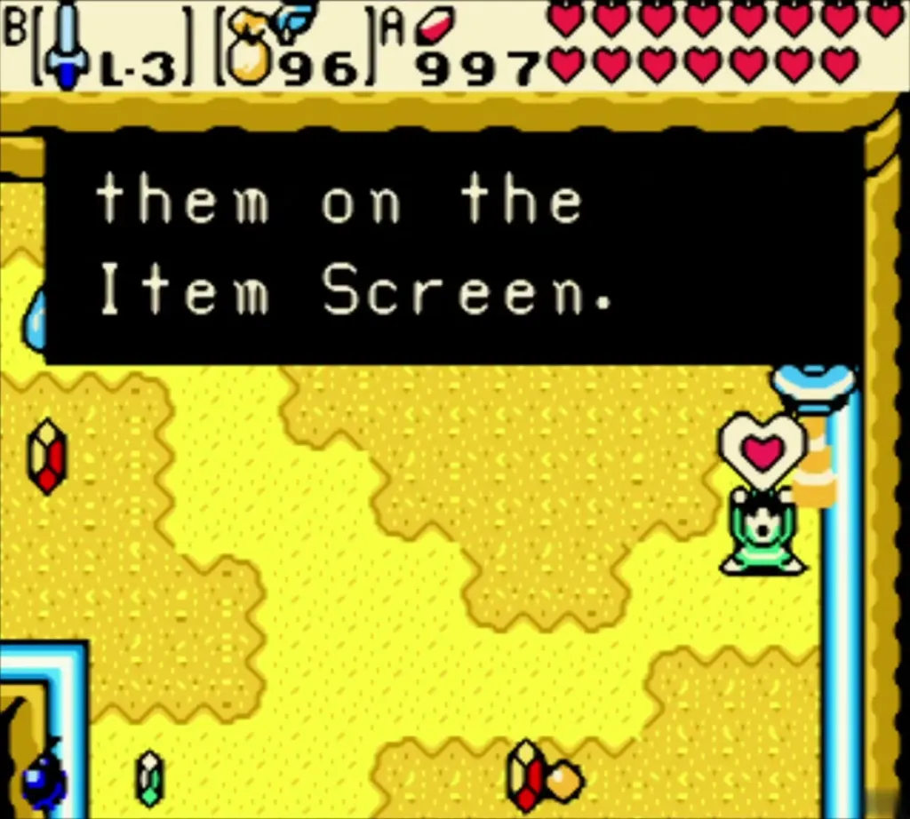 Link holding up a Piece of Heart with the box "Check them on the Item Screen." Link holding up a Piece of Heart with the box "Check them on the Item Screen."