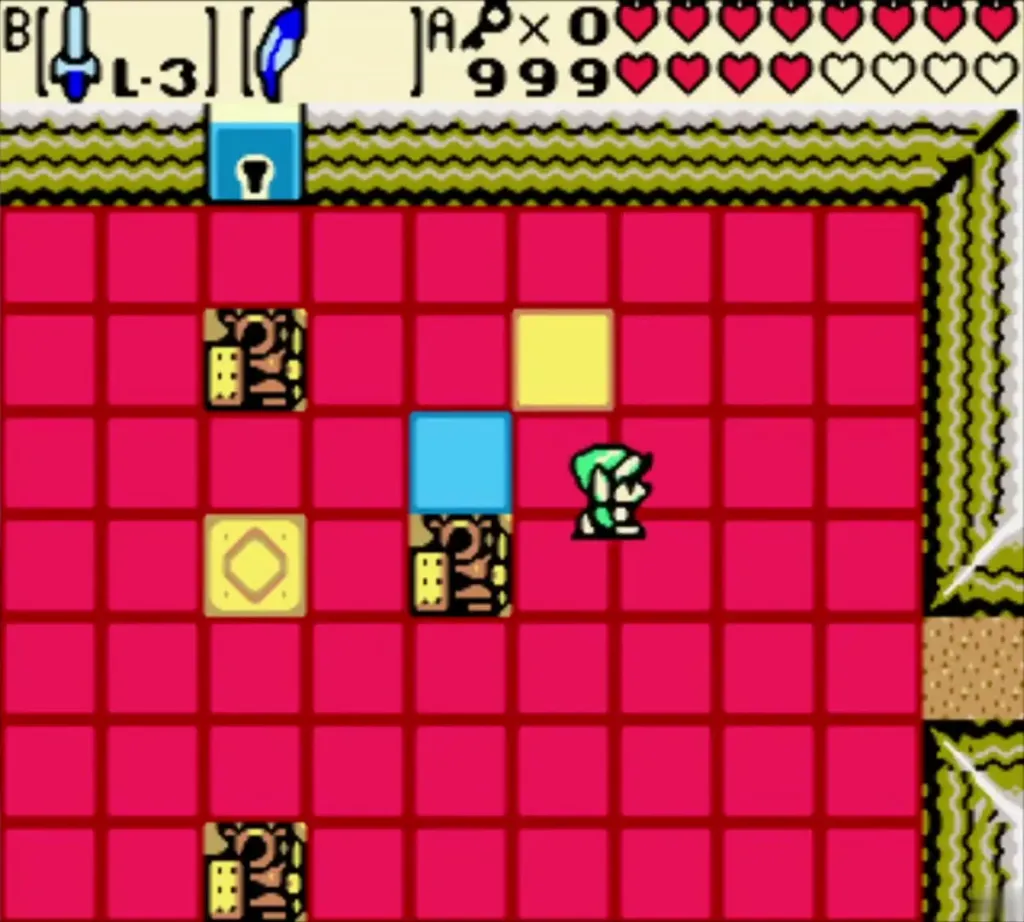 Link in a red floor room of Hero's Cave with switchable tiles and a yellow tile Link in a red floor room of Hero's Cave with switchable tiles and a yellow tile