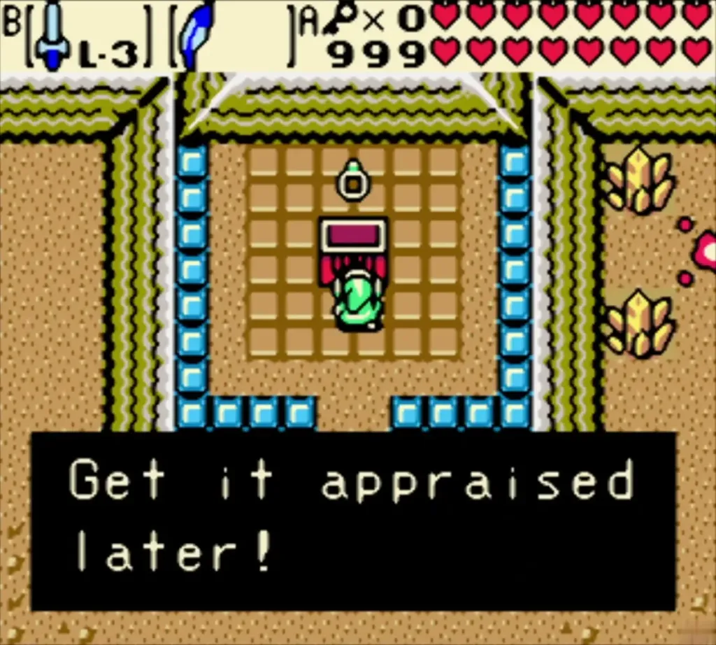 Link holding a ring over his head with the box "Get it appraised later!" Link holding a ring over his head with the box "Get it appraised later!"