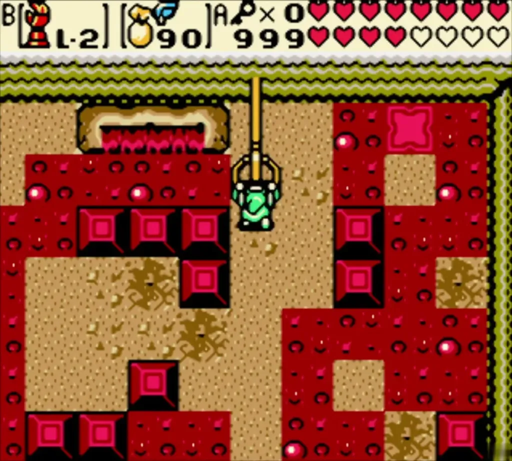 Link hanging from the Long Hook rope in a red room of Hero's Cave Link hanging from the Long Hook rope in a red room of Hero's Cave