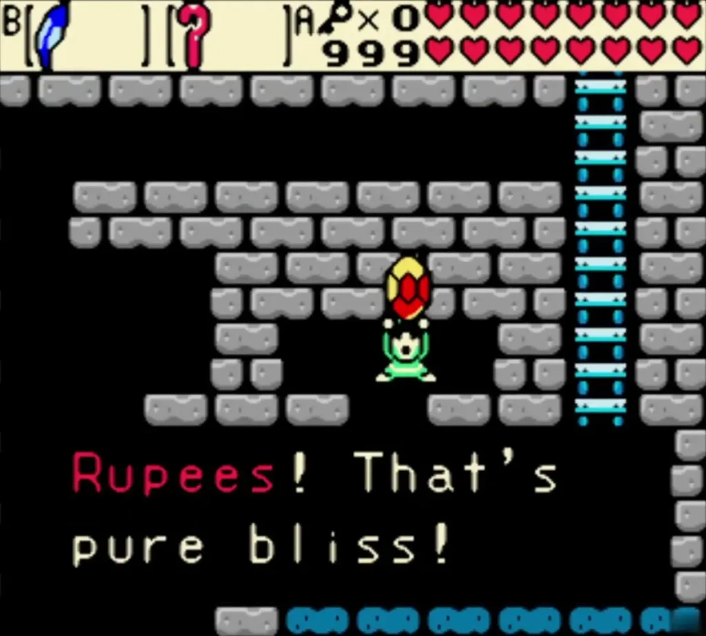 Link holding a red rupee over his head with the box "Rupees! That's pure bliss!" Link holding a red rupee over his head with the box "Rupees! That's pure bliss!"