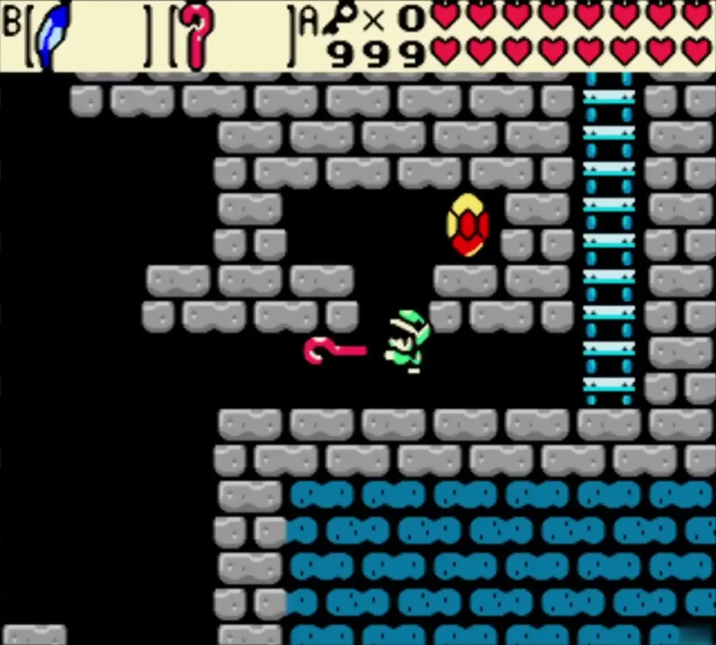 Link below a red rupee in the side-view brick room with ladders and a water channel Link below a red rupee in the side-view brick room with ladders and a water channel