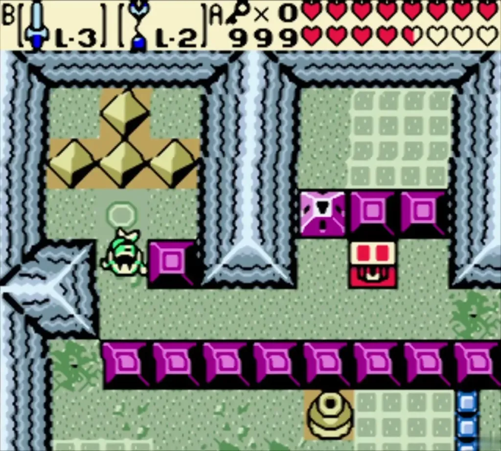 Green Zol-like enemy and a red face block in the stone room of Hero's Cave Green Zol-like enemy and a red face block in the stone room of Hero's Cave