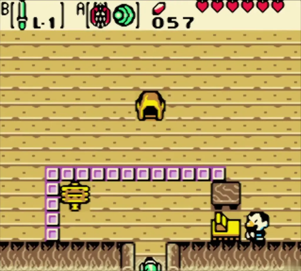 Link stepping into the ball game hut with the attendant at the counter Link stepping into the ball game hut with the attendant at the counter