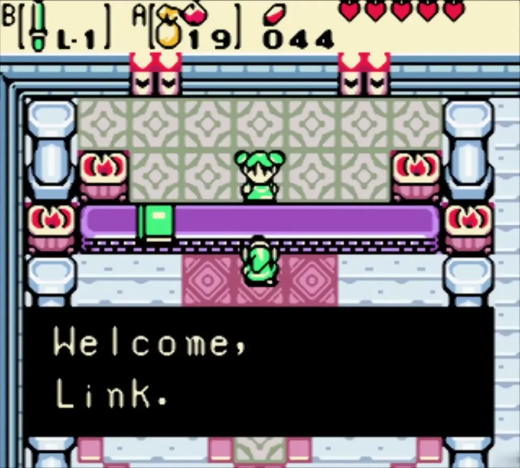 Farore welcoming Link at her counter in the Hall of Secrets Farore welcoming Link at her counter in the Hall of Secrets