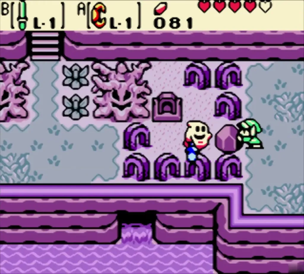 Link beside the ghost, a liftable stone and the purple headstones Link beside the ghost, a liftable stone and the purple headstones