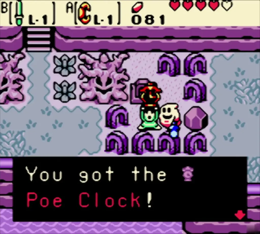 Link holding up the Poe Clock with the item message box Link holding up the Poe Clock with the item message box