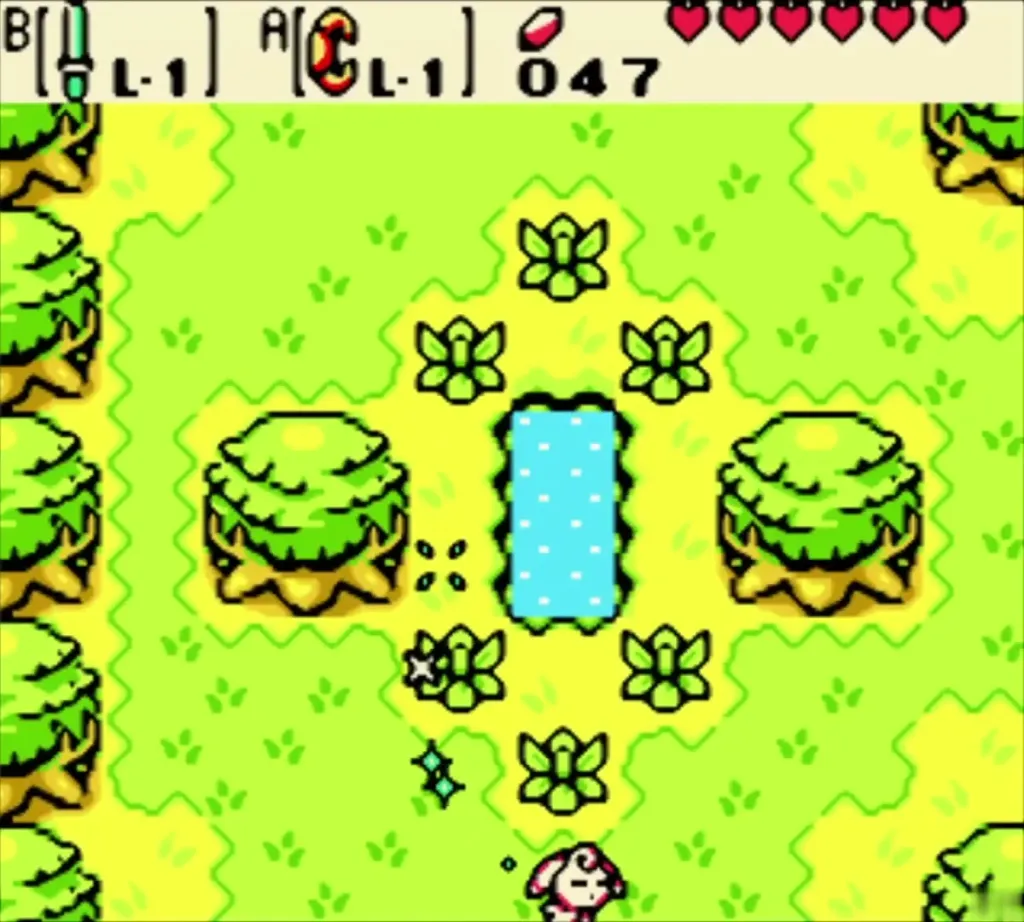 A fairy peeking into the clearing with a small pond A fairy peeking into the clearing with a small pond