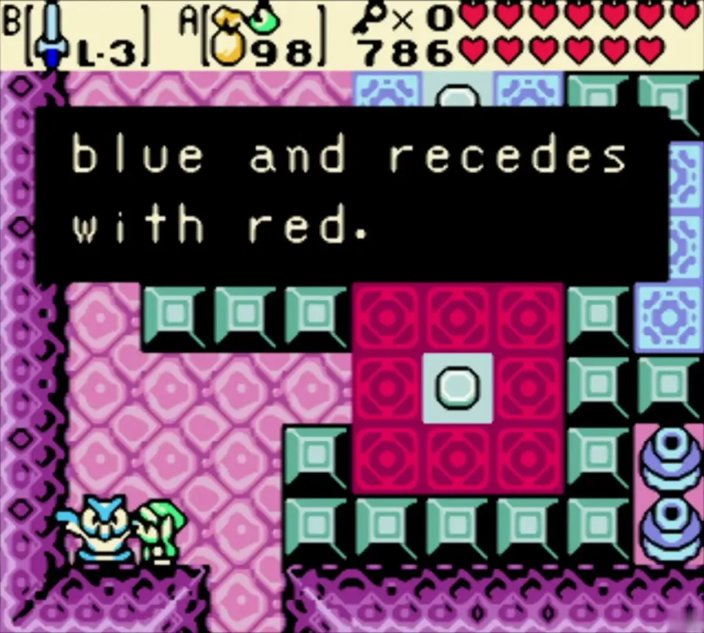 Small blue creature explaining the blue and red water rule beside the block room