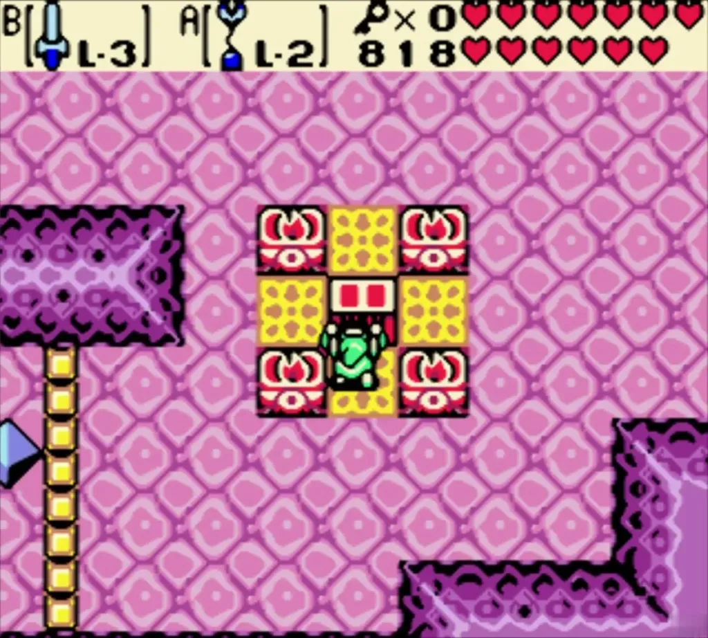 Link standing at the chest in the centre of a red and gold patterned block room