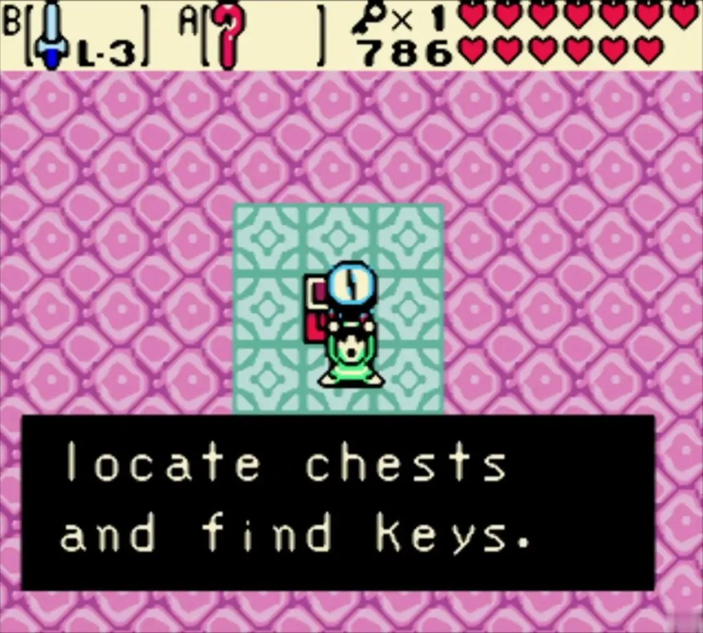 Compass message ending locate chests and find keys, Link holding the Compass